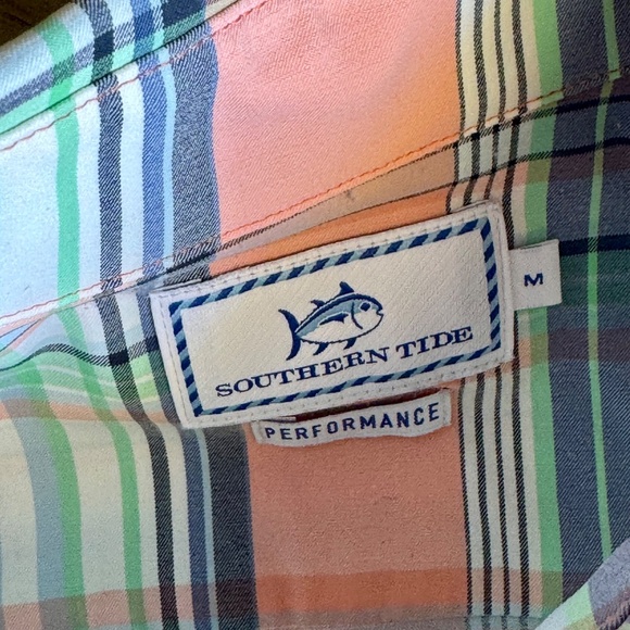 Southern Tide Medium Performance Stretch Collared Shirt Peach Green Plaid - Picture 5 of 14